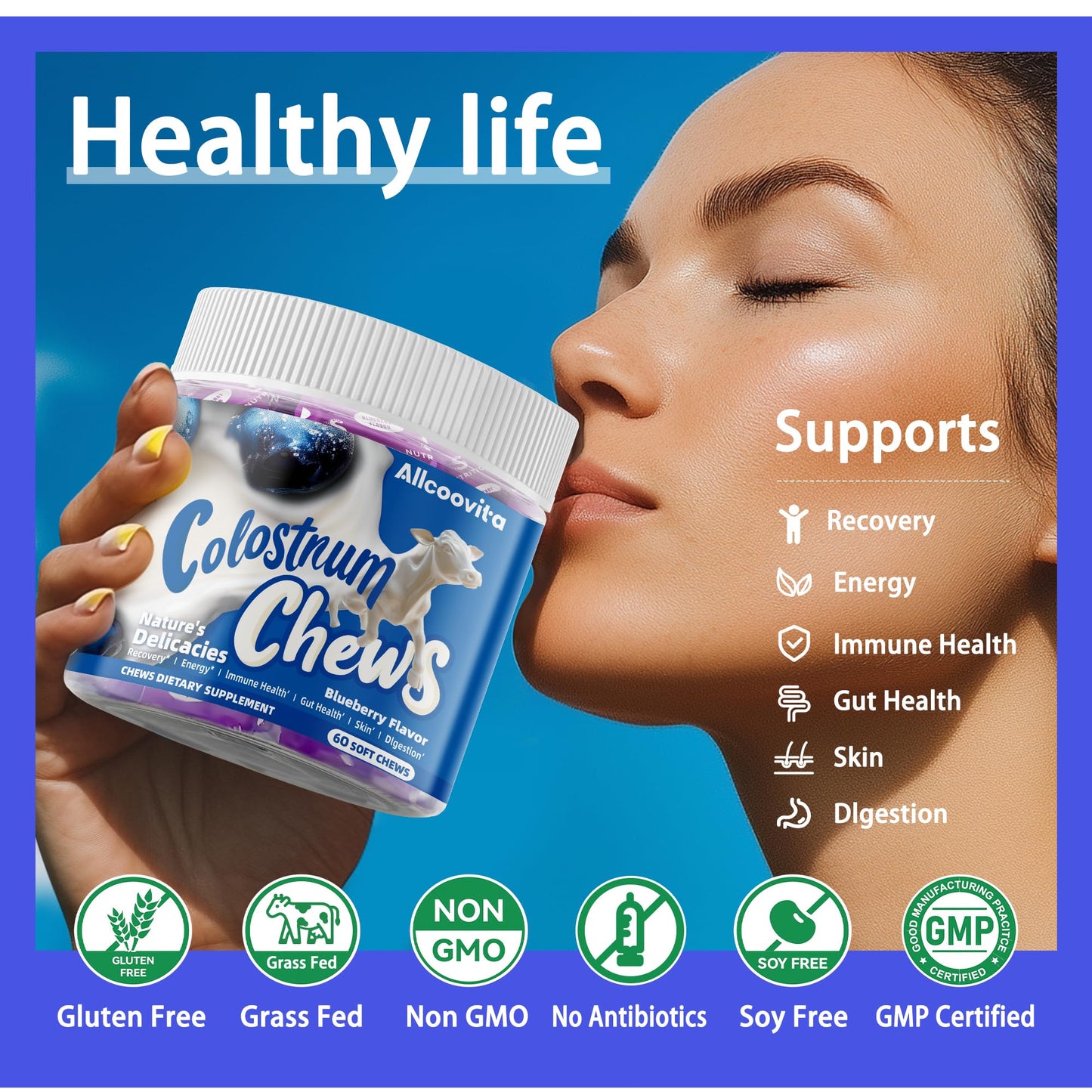 Bovine Colostrum Chews Supplement with probiotics for Gut Health, Bloating, Immune Support, Skin, Hair Growth and Beauty - Strawberry Flavor (60 Servings) Nirvana Guru
