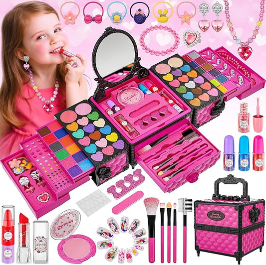 99 Pcs Kids Makeup Kit for Girls, Princess Toys Real Washable Cosmetics Set with Mirror, Hair Ties, Nails, Rings, Earrings, Necklace, Perfect for 3 4 5 6 7 8 Year Old Girls Birthday Nirvana Guru