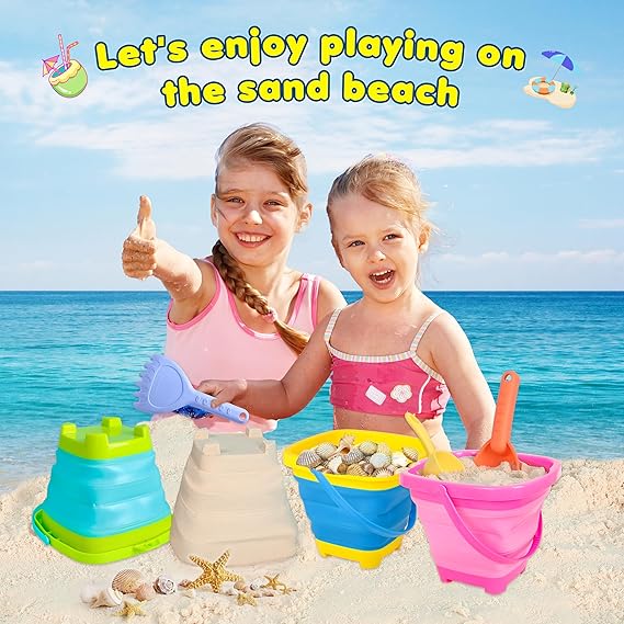 Collapsible Beach Sand Bucket 3 Packs Foldable Buckets Set with Shovels & Mesh Bag Collapsible Beach Toys for Kids Summer Sand Buckets for Kids Cruise Beach Essentials nirvanaguru