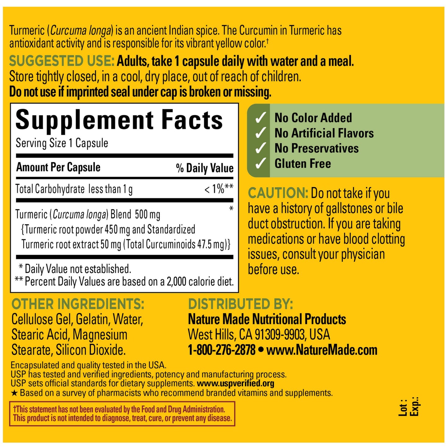 Nature Made Turmeric Curcumin 500 mg, Herbal Supplement for Antioxidant Support, 120 Capsules, 120 Day Supply - Nirvana Guru