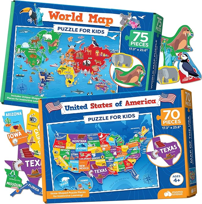 Momo & Nashi US Map Puzzle & World Map Puzzle - Childrens Jigsaw Geography Puzzles for Kids Learning Games nirvanaguru