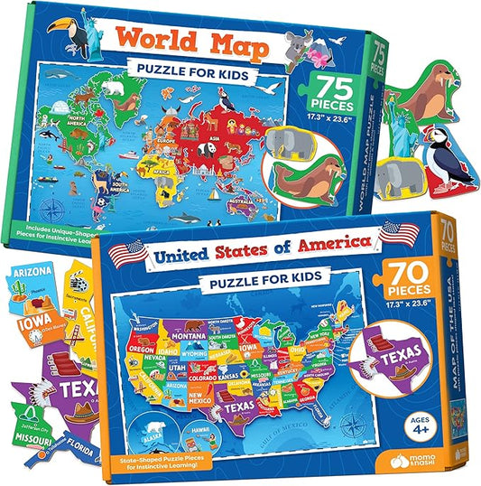 Momo & Nashi US Map Puzzle & World Map Puzzle - Childrens Jigsaw Geography Puzzles for Kids Learning Games nirvanaguru
