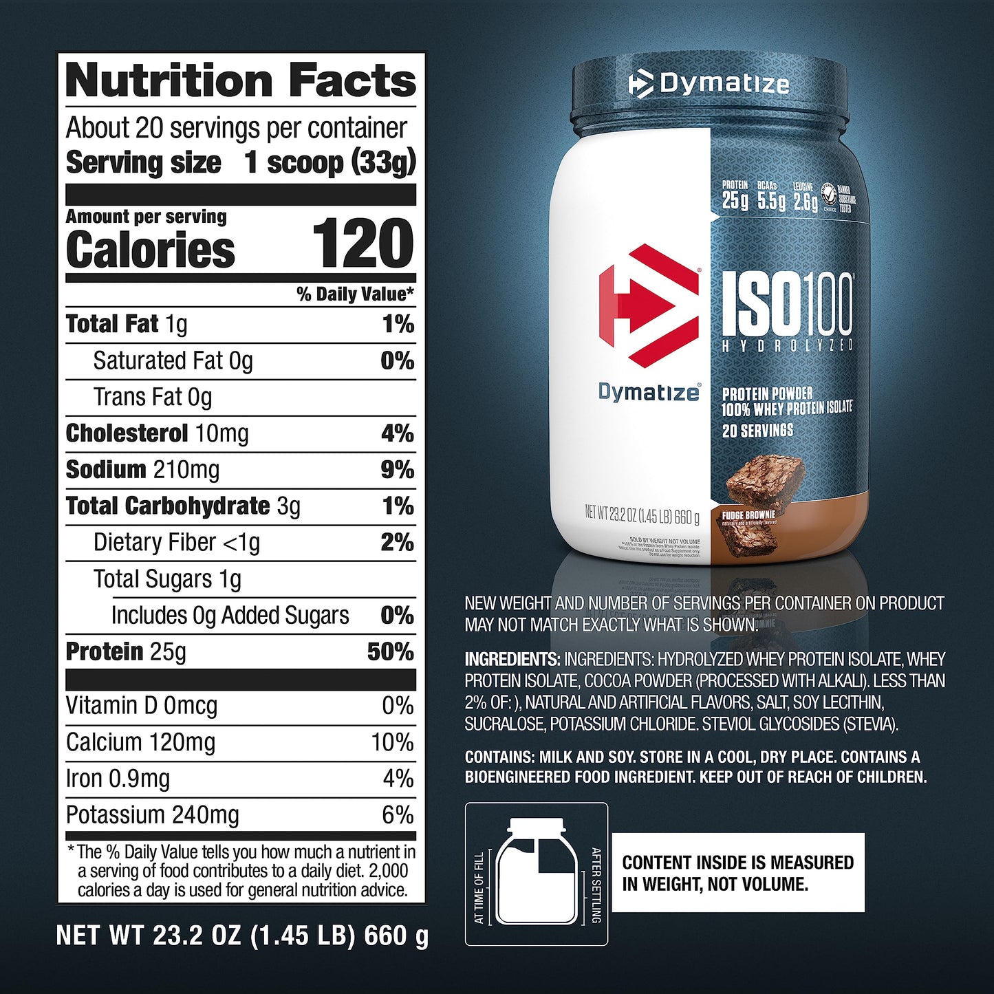 Dymatize ISO100 Whey Protein Powder Isolate, Gourmet Chocolate, 25g of Protein, 20 Servings, 5.5g BCAAs, Less Than 120 Cal., Gluten Free, 1g Fat, 1g Sugar, 2g Carb