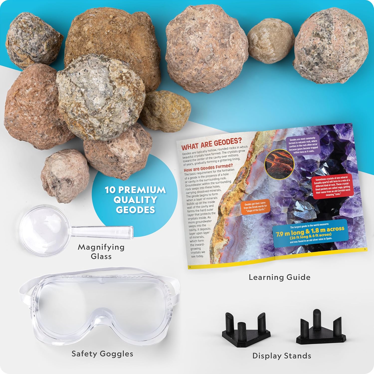 National Geographic Break Open 10 Premium Geodes – Includes Goggles & 2 Display Stands - Great STEM Science Kit, Geology Gift for Kids, Break Your Own Geodes with Crystals Nirvana Guru