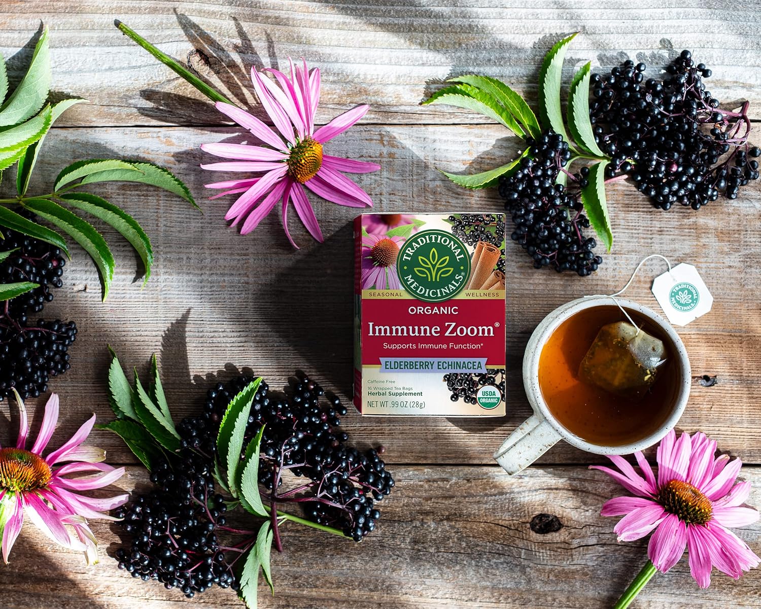 Traditional Medicinals Tea, Organic Immune Zoom Elderberry Echinacea, Supports Immune Function, 16 Tea Bags - Nirvana Guru