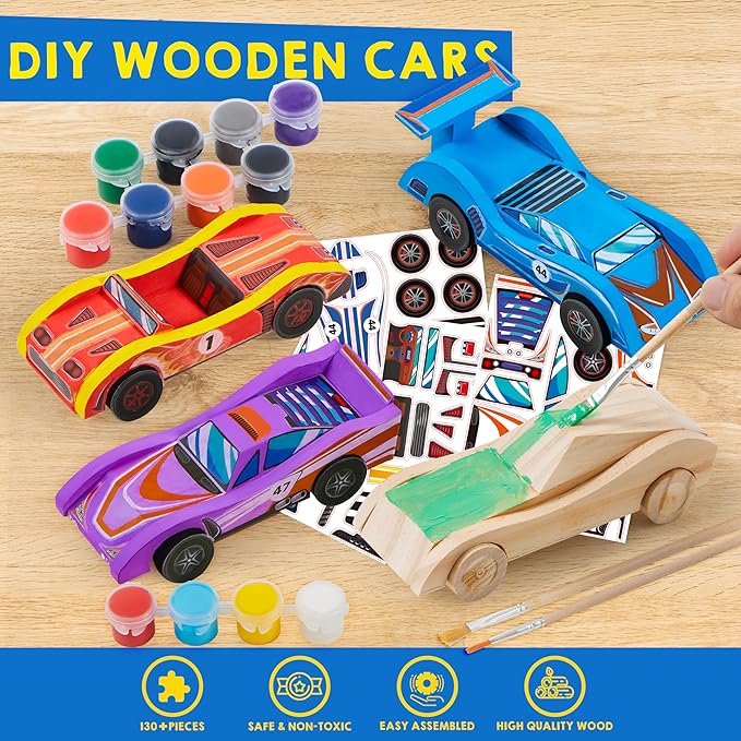 Klever Kits 4 DIY Wooden Race Cars-Build & Paint Your Own Wood Craft Kit, 4 Race Cars Toy, Easy to Assemble Arts Crafts Kit, Birthday Party Presents for Kids Boys and Girls nirvanaguru