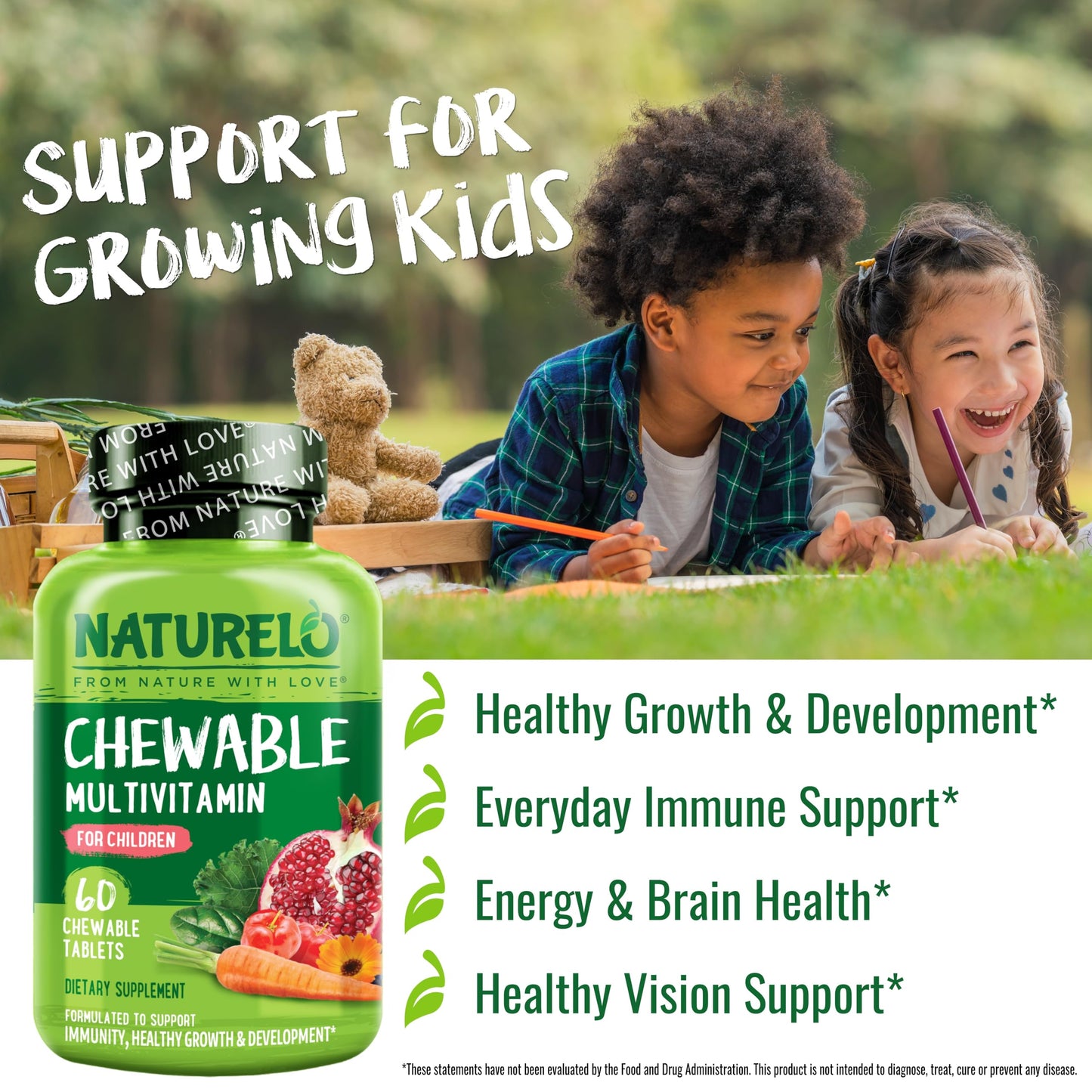 NATURELO Chewable Vitamin for Kids – Multivitamin with Whole Food Organic Fruit Blend - 60 Tablets for Children - Nirvana Guru