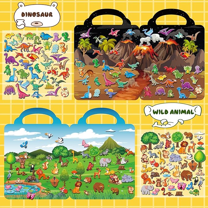 6Set Puffy Sticker Books for Kids 2-4, 3D Reusable Stickers Books for Toddlers 1-3,2-4,Farm+Animal+Dinosaurs+Ocean World+Space+Vehicle nirvanaguru