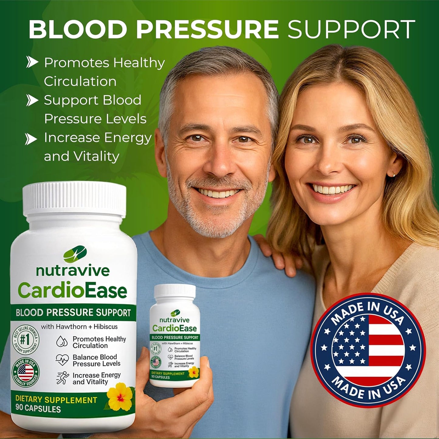 Nutravive Blood Pressure Support Supplement – Natural Heart & Circulation Support with Hawthorn, Garlic, Olive Leaf, Hibiscus & B12 – USA Made, GMP Facility, Third-Party Tested – 90 Capsules Nirvana Guru