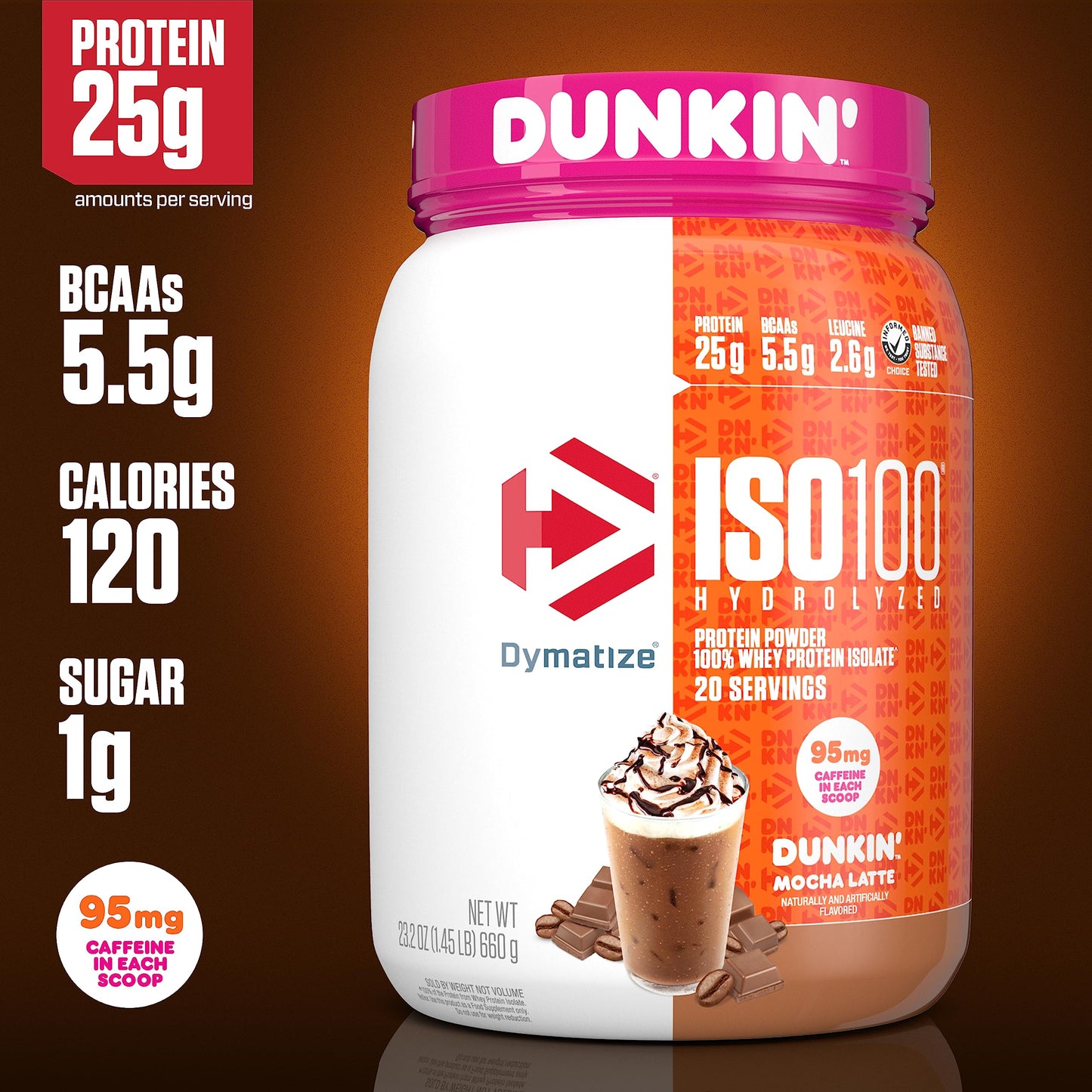 Dymatize ISO100 Whey Protein Powder Isolate, Gourmet Chocolate, 25g of Protein, 20 Servings, 5.5g BCAAs, Less Than 120 Cal., Gluten Free, 1g Fat, 1g Sugar, 2g Carb