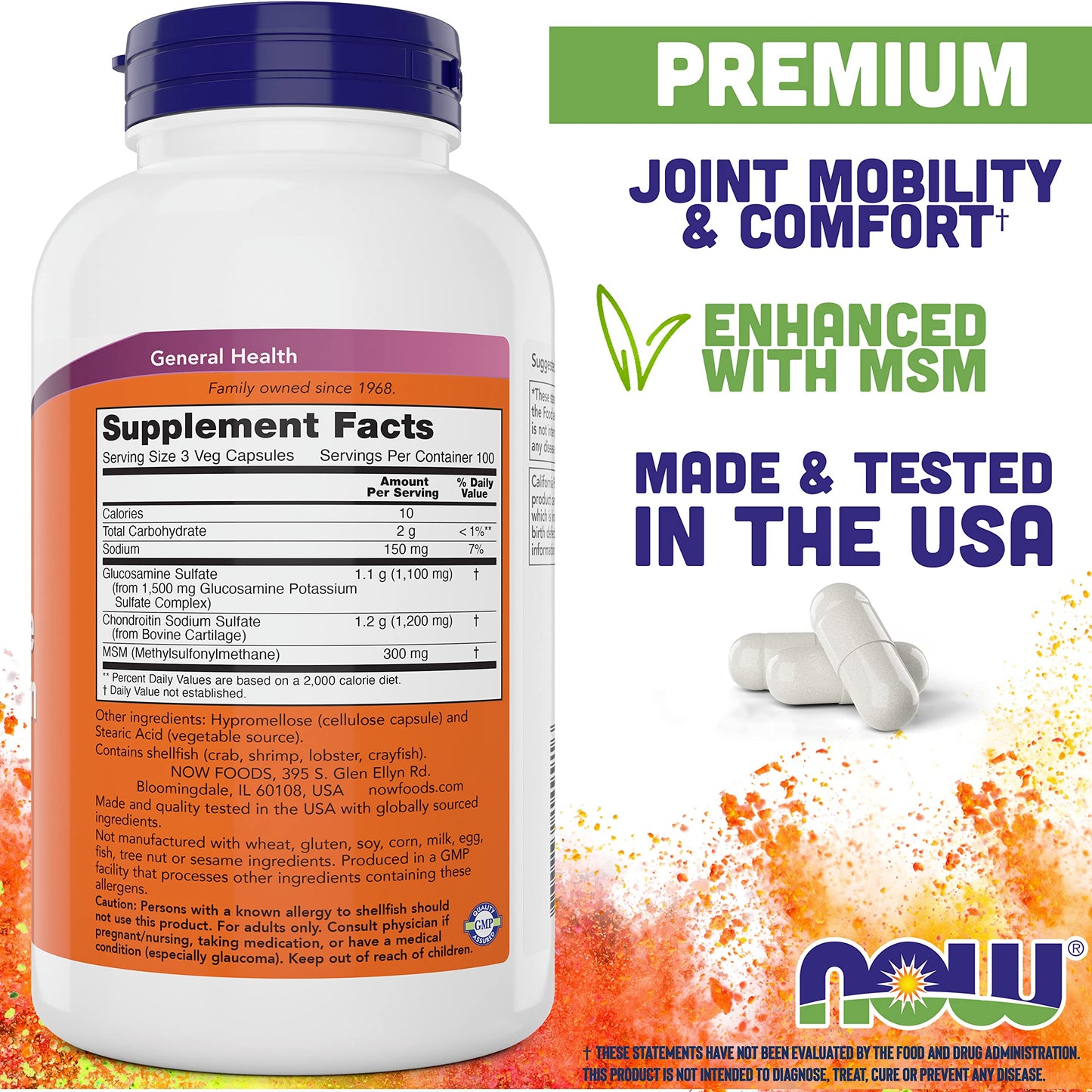 NOW Foods Supplements, Glucosamine & Chondroitin with MSM, Joint Health, Mobility and Comfort*, 180 Veg Capsules - Nirvana Guru