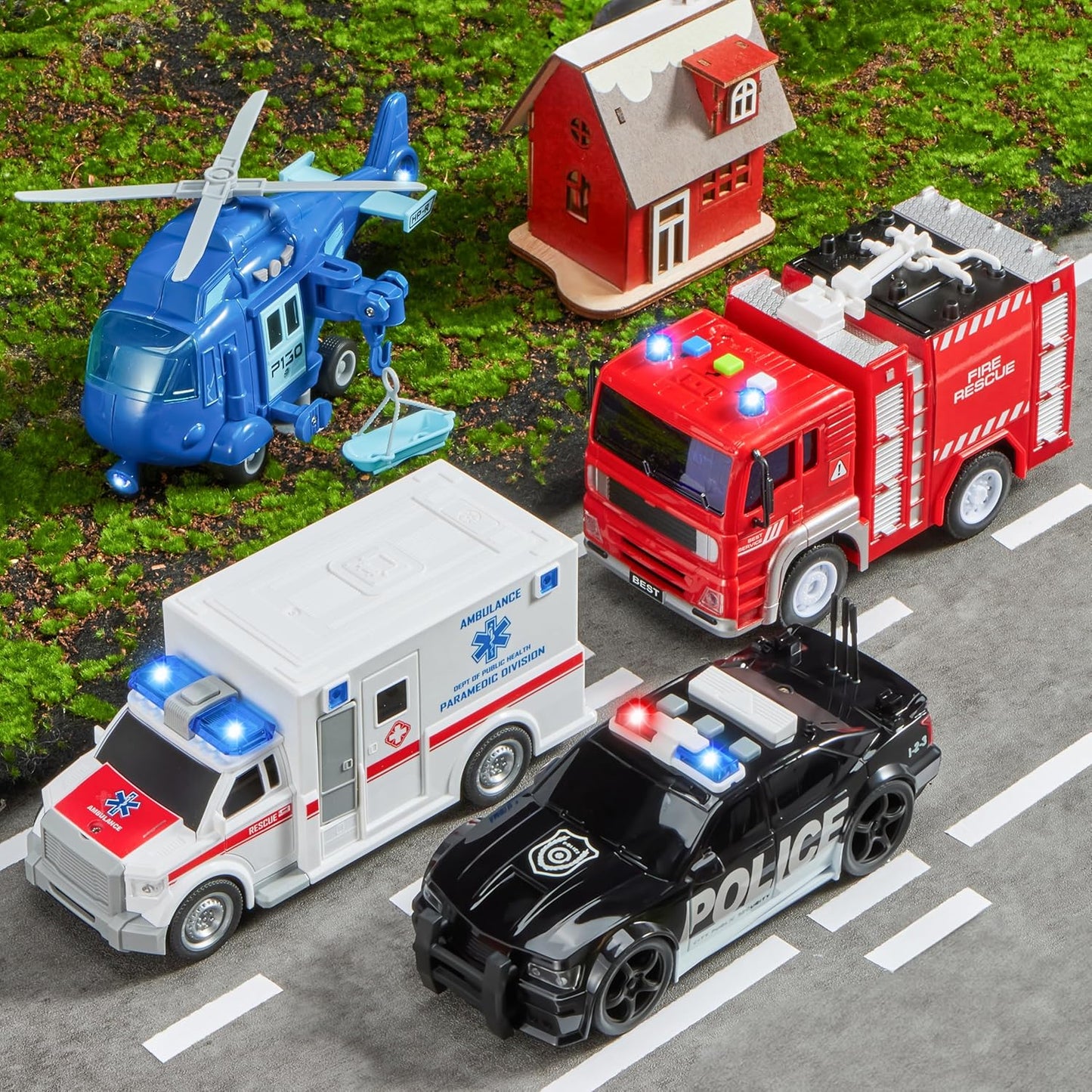 JOYIN 4 Packs Emergency Vehicle Toy Playsets, Friction Powered Vehicles with Light and Sound, Including Fire Truck, Ambulance, Play Police Car and Helicopter, Christmas Toddler Kids Boys Gifts Nirvana Guru
