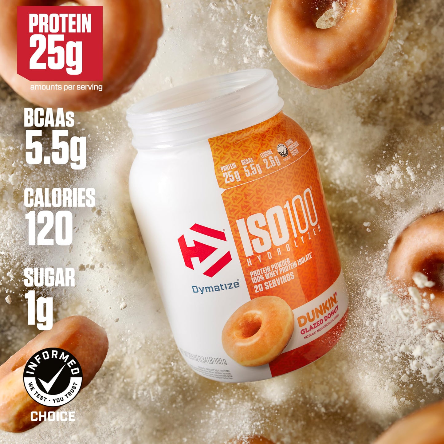 Dymatize ISO100 Whey Protein Powder Isolate, Gourmet Chocolate, 25g of Protein, 20 Servings, 5.5g BCAAs, Less Than 120 Cal., Gluten Free, 1g Fat, 1g Sugar, 2g Carb