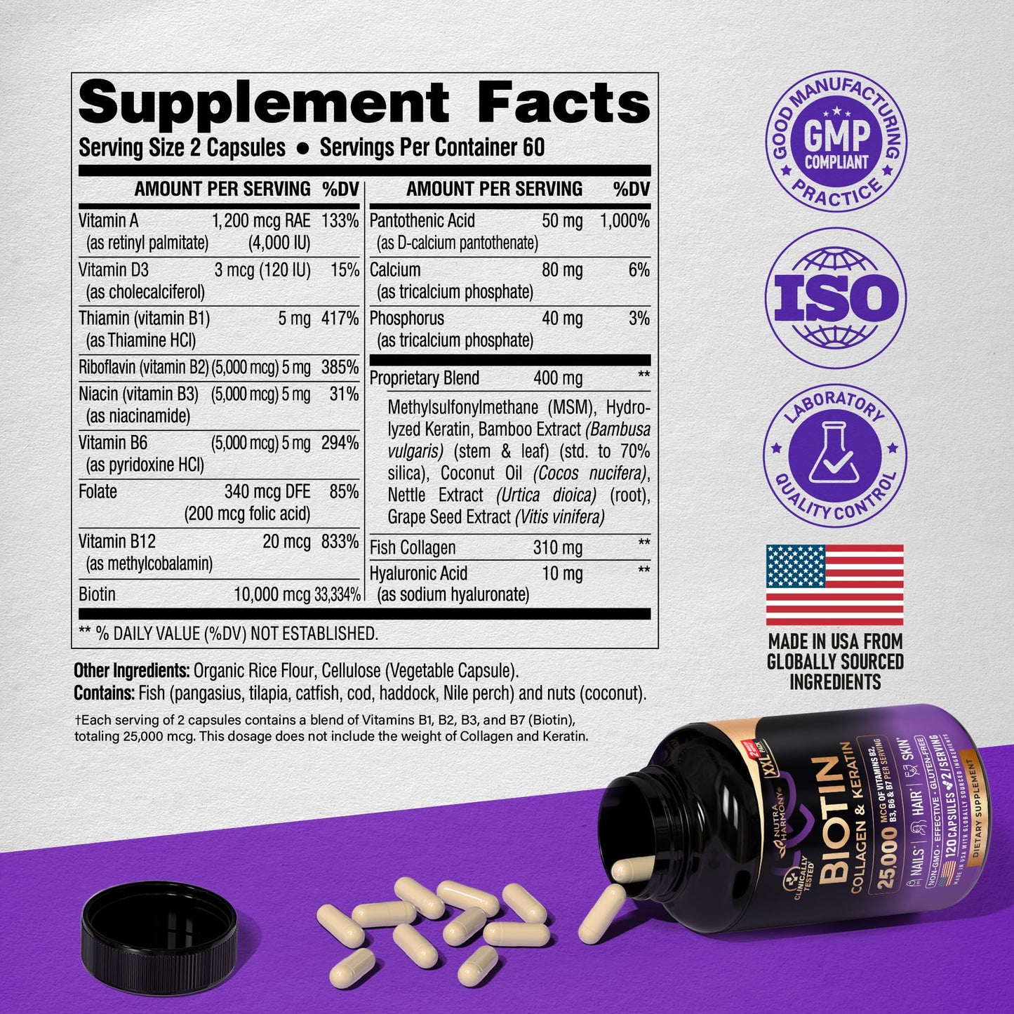 Biotin | Collagen | Keratin - Clinically Tested Supplement - Hair Growth Support, Skin & Nails - 25000 mcg Vitamins B2, B3, B6 & B7 + B1 & Hyaluronic Acid - Made in USA - Women & Men | 60 Capsules