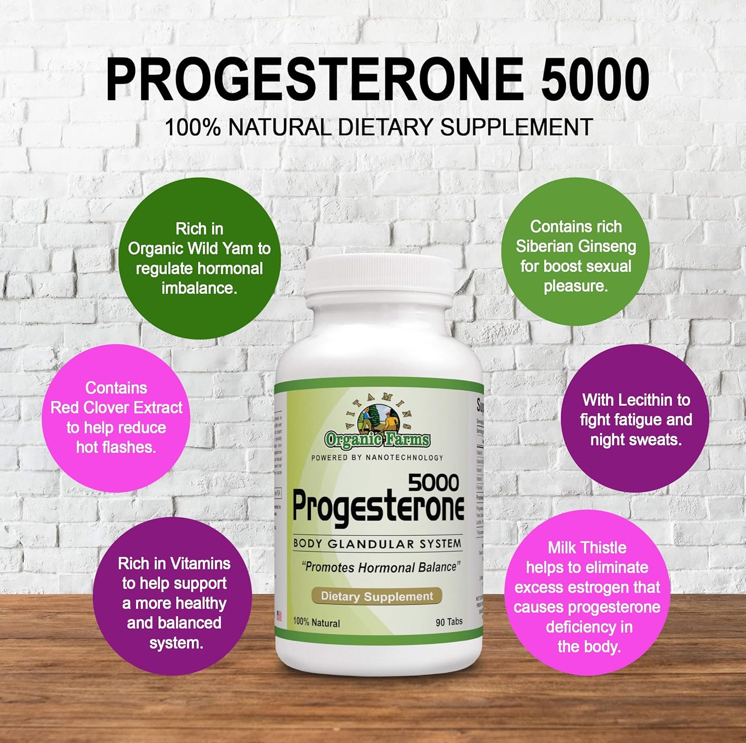 Organic Farm Vitamins Progesterone 5000 - Body glandular System Dietary Supplement, 100% Natural Progesterone Pills - Formula to Balance Hormones - progesterone Supplement, 90 Tablets - Nirvana Guru