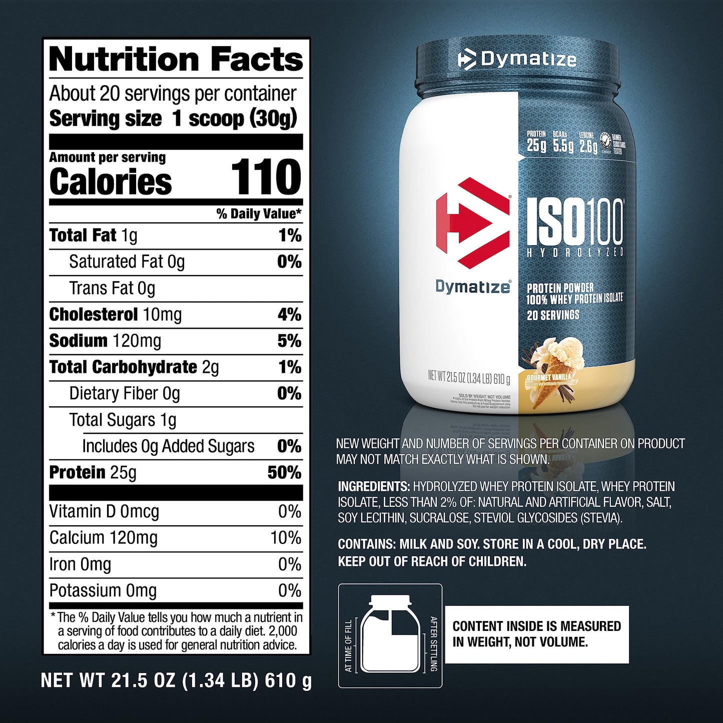 Dymatize ISO100 Whey Protein Powder Isolate, Gourmet Chocolate, 25g of Protein, 20 Servings, 5.5g BCAAs, Less Than 120 Cal., Gluten Free, 1g Fat, 1g Sugar, 2g Carb