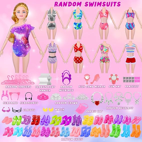 135 Pcs Doll Clothes and Accessories with Doll, Princess Gowns, Fashion Dresses, Slip Dresses, Top, Pants, Jumpsuit, Swimsuits, Shoes, Hangers, Doll Dress up Toys for Girls Kids Toddlers Toy Gifts nirvanaguru