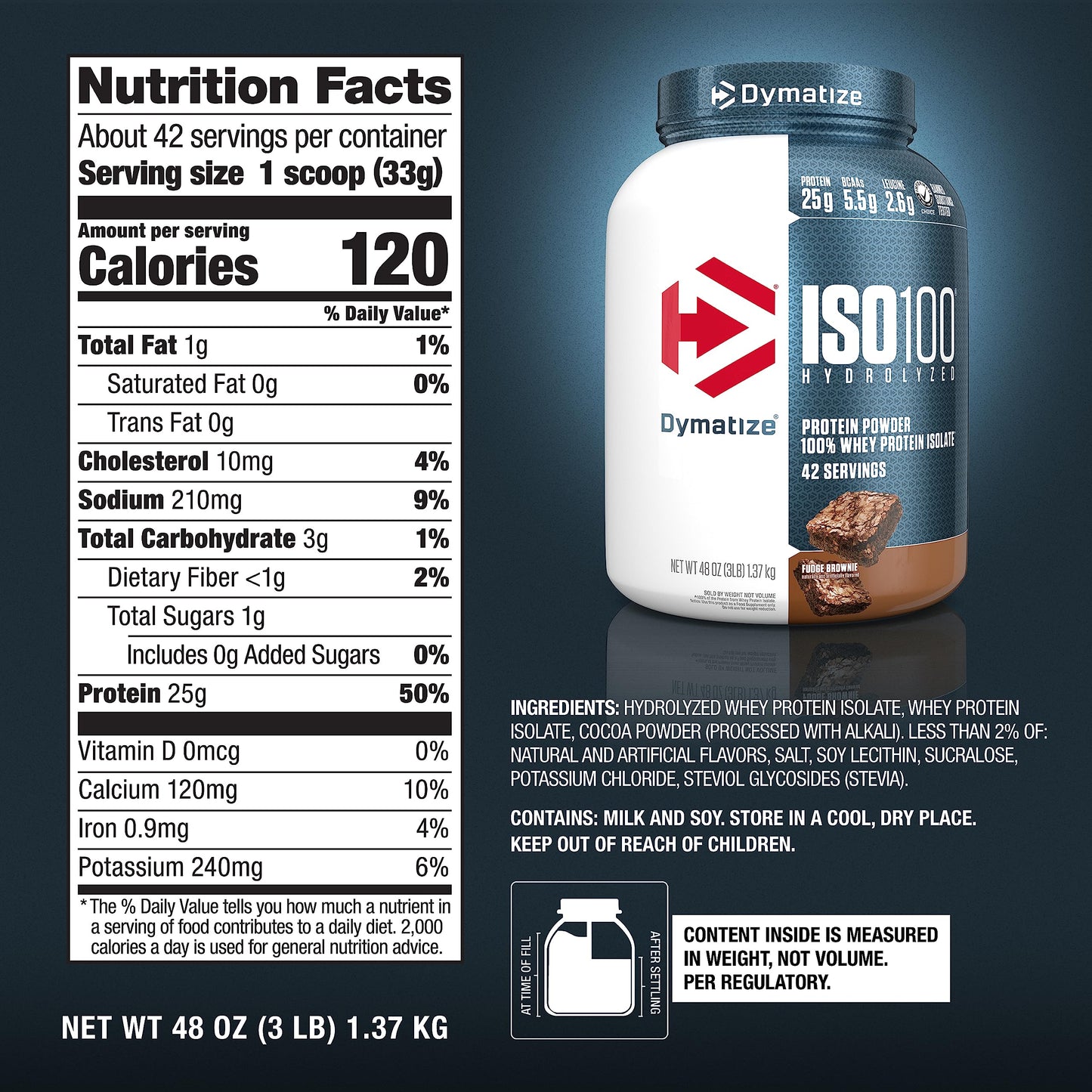 Dymatize ISO100 Whey Protein Powder Isolate, Gourmet Chocolate, 25g of Protein, 20 Servings, 5.5g BCAAs, Less Than 120 Cal., Gluten Free, 1g Fat, 1g Sugar, 2g Carb
