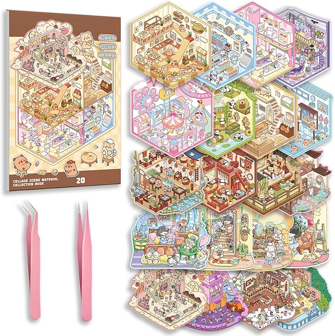20 Sets DIY 3D Sticker Scene Collection Book for Kids Adults Cute Make Your Own Shop House Stickers for Gifts Stickers Therapy for Adult Relief Stress Pass The Time Play Park Hamburg Castle Library nirvanaguru