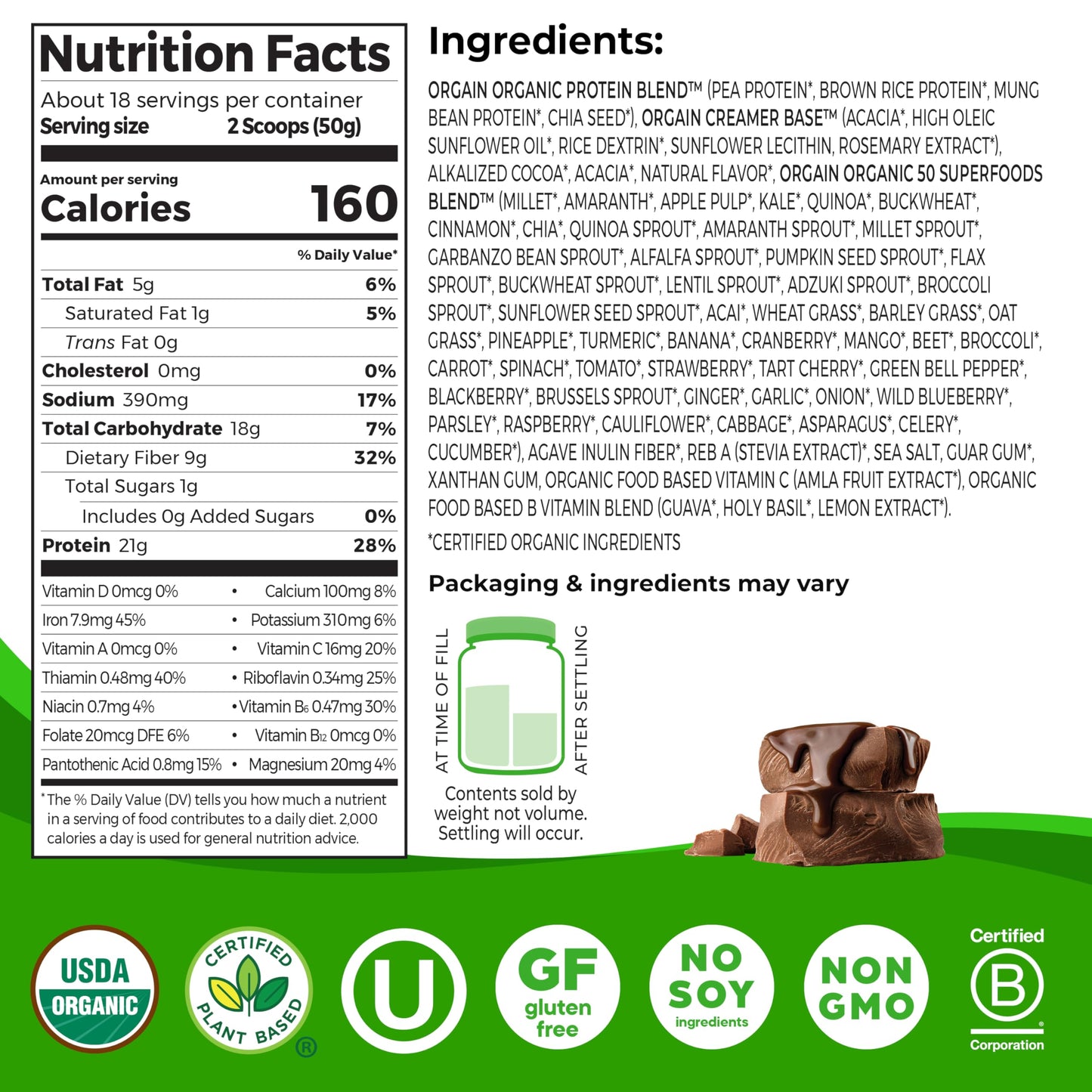 Orgain Organic Vegan Protein + 50 Superfoods Powder, Vanilla Bean - 21g Plant Based Protein, 8g Prebiotic Fiber, No Lactose Ingredients, Gluten Free, No Added Sugar, Non-GMO, 2.02 lb