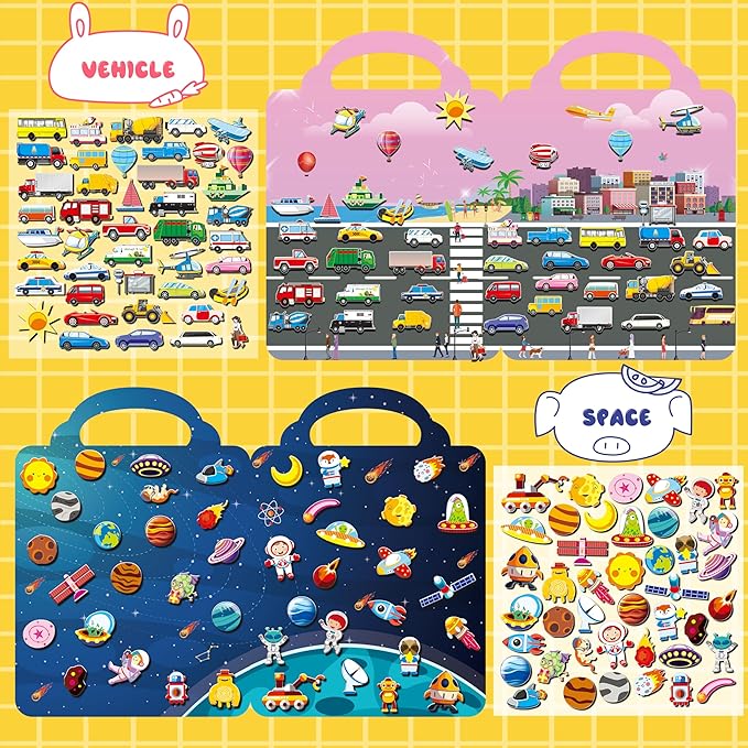6Set Puffy Sticker Books for Kids 2-4, 3D Reusable Stickers Books for Toddlers 1-3,2-4,Farm+Animal+Dinosaurs+Ocean World+Space+Vehicle nirvanaguru