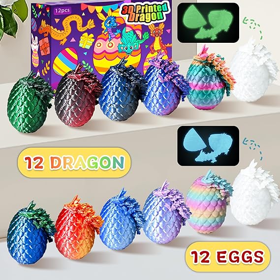 3D Printed Mini Dragon Eggs Set with Dragon Inside, Articulated Crystal Fidget Toy, Cool Stuff Fun Gifts for Adults, Teens, Boy, Easter Basket Stuffers, 12PCS nirvanaguru