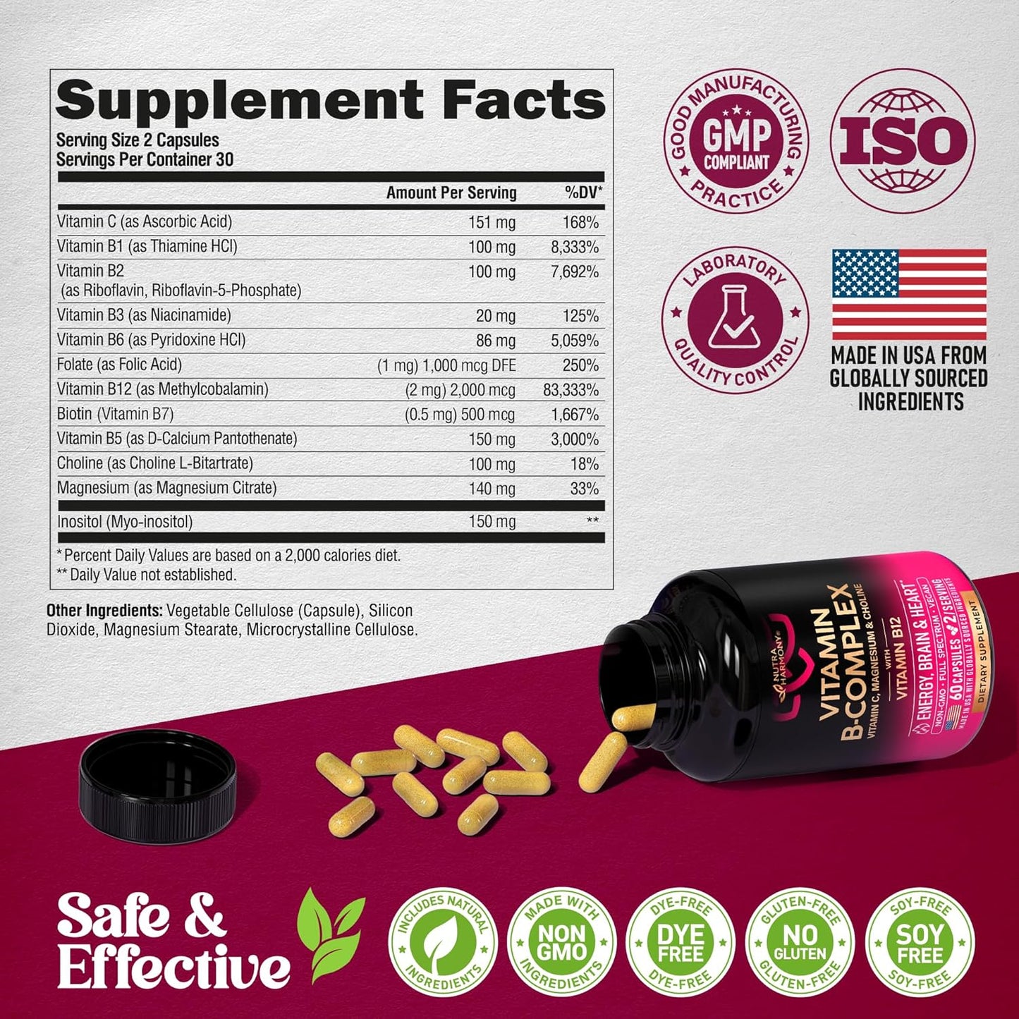 Vitamin B Complex for Men & Women - Made in USA - B-Complex: B1, B2, B3, B5, B6, B7, B8, B9, B12 with Vitamin C, Choline, Inositol - Energy, Brain & Heart Support Supplement, 60 Vegan Capsules Nirvana Guru