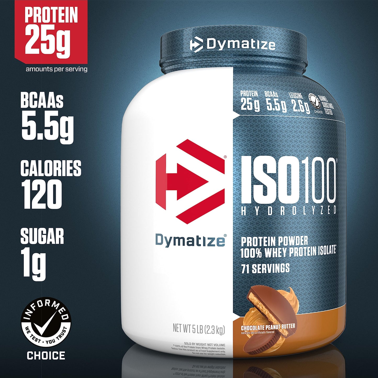 Dymatize ISO100 Whey Protein Powder Isolate, Gourmet Chocolate, 25g of Protein, 20 Servings, 5.5g BCAAs, Less Than 120 Cal., Gluten Free, 1g Fat, 1g Sugar, 2g Carb