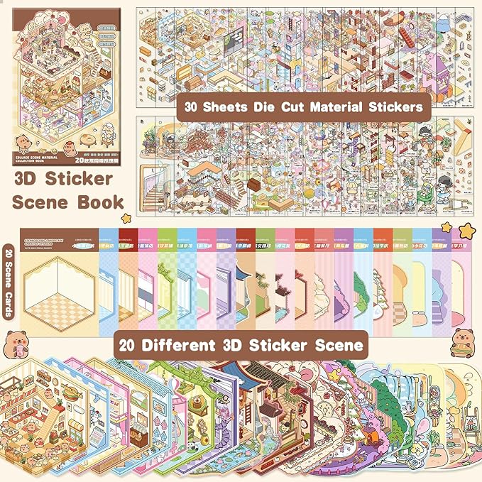 20 Sets DIY 3D Sticker Scene Collection Book for Kids Adults Cute Make Your Own Shop House Stickers for Gifts Stickers Therapy for Adult Relief Stress Pass The Time Play Park Hamburg Castle Library nirvanaguru