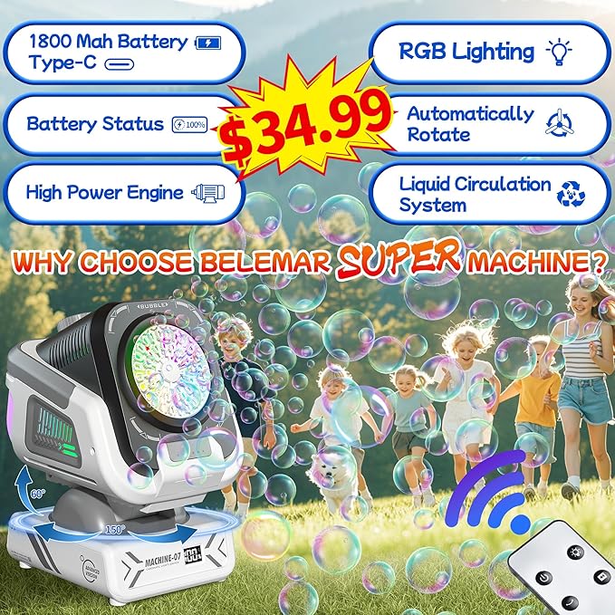 2025 Upgraded Bubble Machine with Remote Control, Automatic Rotation & RGB Lights, 1800mAh Rechargeable Battery, Type-C Charge, Bubble Maker for Kids, Weddings, Birthday Parties, Outdoor Activities Nirvana Guru