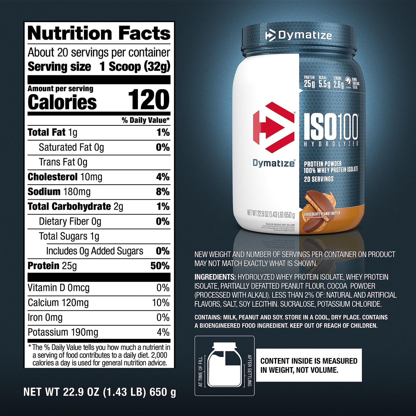 Dymatize ISO100 Whey Protein Powder Isolate, Gourmet Chocolate, 25g of Protein, 20 Servings, 5.5g BCAAs, Less Than 120 Cal., Gluten Free, 1g Fat, 1g Sugar, 2g Carb