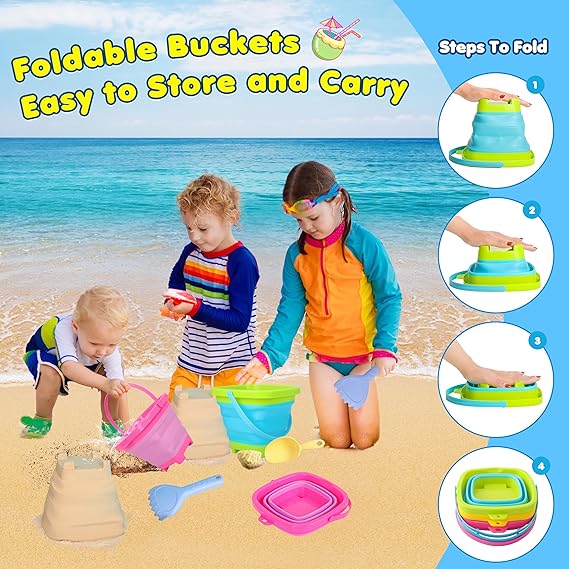 Collapsible Beach Sand Bucket 3 Packs Foldable Buckets Set with Shovels & Mesh Bag Collapsible Beach Toys for Kids Summer Sand Buckets for Kids Cruise Beach Essentials nirvanaguru