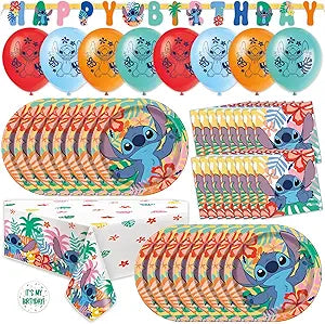 Lilo and Stitch Birthday Party Decorations for 16 | Banner, Tablecloth, Balloons, Plates and Napkins, Sticker | Stitch Birthday Decorations Nirvana Guru