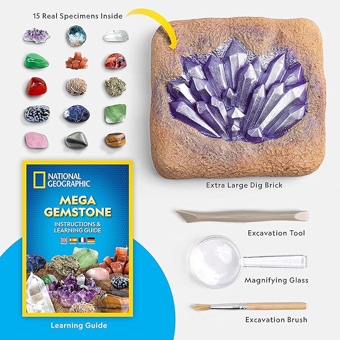 NATIONAL GEOGRAPHIC Mega Gemstone Dig Kit – Dig Up 15 Real Gemstones and Crystals, Science Kit for Kids, Gem Digging Kit, Gift for Girls and Boys, Mining Kit, Rock Collection Nirvana Guru