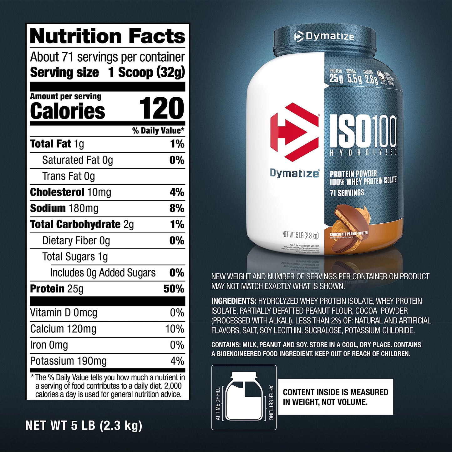 Dymatize ISO100 Whey Protein Powder Isolate, Gourmet Chocolate, 25g of Protein, 20 Servings, 5.5g BCAAs, Less Than 120 Cal., Gluten Free, 1g Fat, 1g Sugar, 2g Carb