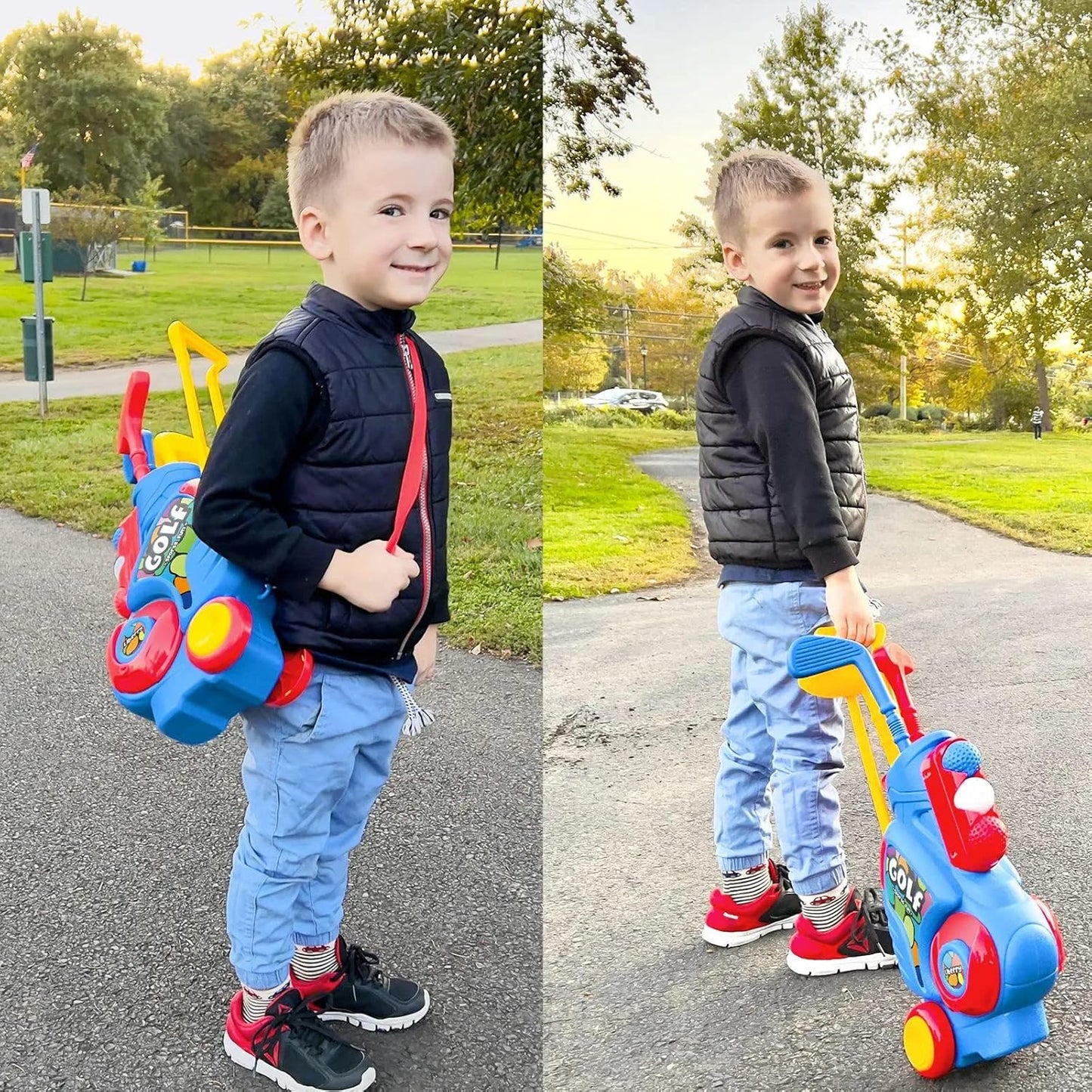 Liberry Toddler Golf Set with Putting Mat for 2 3 4 5 Years Old Boys Girls, Upgraded Kids Golf Cart with Unique Shoulder Strap Design, Indoor and Outdoor Golf Toys Nirvana Guru