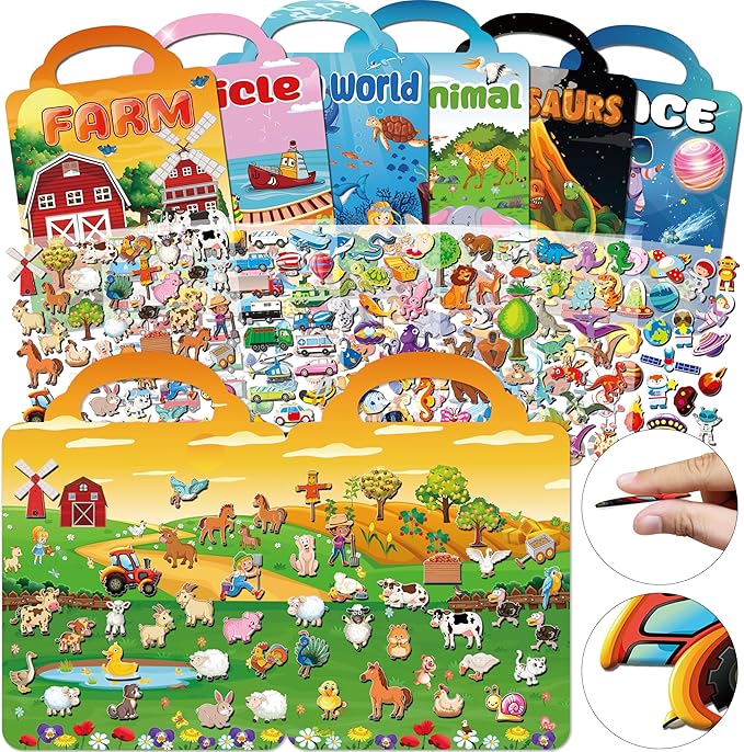6Set Puffy Sticker Books for Kids 2-4, 3D Reusable Stickers Books for Toddlers 1-3,2-4,Farm+Animal+Dinosaurs+Ocean World+Space+Vehicle nirvanaguru