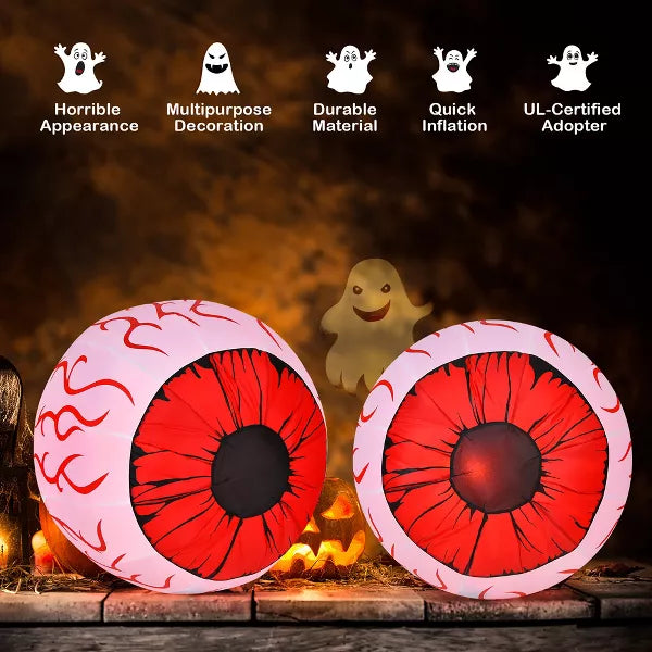 Costway 2 Pack 3 FT Halloween Inflatable Eyeballs w/ Air Blower & Red LED Lights nirvanaguru