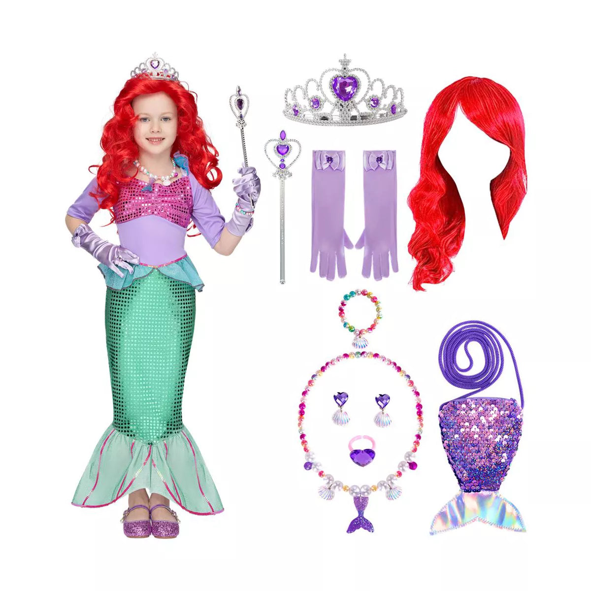 Joyfy Girls' Little Mermaid Halloween Costume Dress with Red Wig And Headband Little Mermaid Costume nirvanaguru