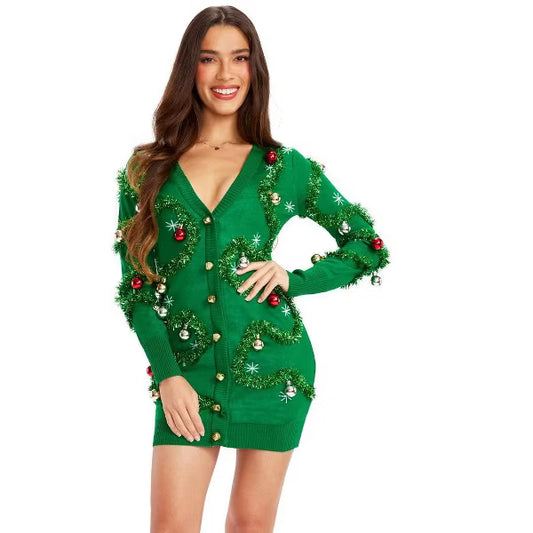 Tipsy Elves Bright Green Gaudy Garland Sweater Dress - Tinsel and Ornamed Christmas Party Dress Women nirvanaguru