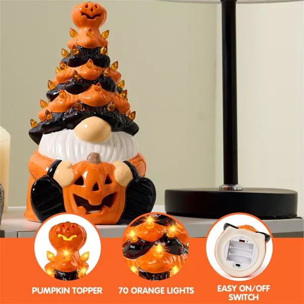 Joyfy 8.5'' Tall Halloween Tabletop Tree Decoration, Pumpkin Gnome Ceramic Tree with Built-in LEDs for Halloween Party Supplies Indoor Decorations nirvanaguru