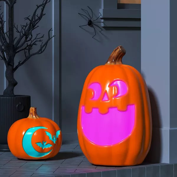 9" Lit Pumpkin with Moon and Bats Halloween Decorative Prop - Hyde and EEK! Boutique™ nirvanaguru