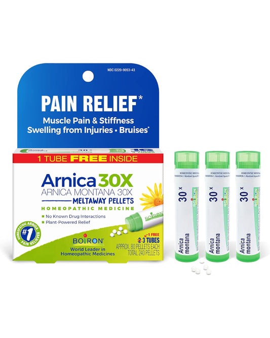Boiron Arnica Montana 30X Homeopathic Medicine for Relief from Muscle Pain, Muscle Stiffness, Swelling from Injury, and Discoloration from Bruises - 3 Count (240 Pellets) - Nirvana Guru