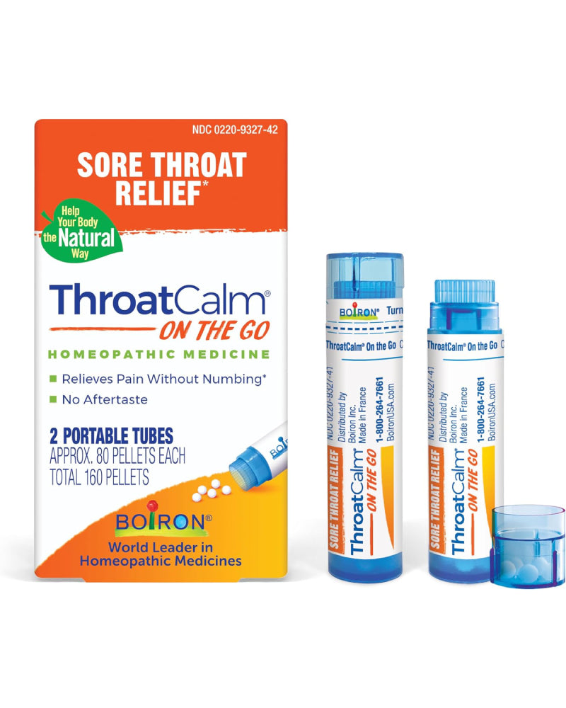 Boiron ThroatCalm On The Go Travel Essential for Pain Relief from Red, Dry, Scratchy, Sore Throats and Hoarseness - 2 Count (160 Pellets) - Nirvana Guru