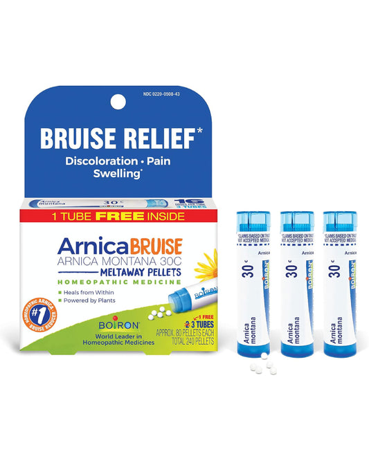 Boiron Arnica Bruise - Arnica Montana 30c for Relief of Pain, Swelling, and Discoloration from Bruises - 3 Count (240 Pellets) - Nirvana Guru