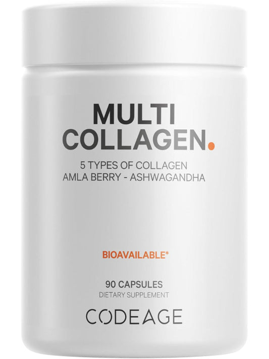 Codeage Multi Collagen Peptides Protein Capsules, 5 Collagen Types, Grass-Fed & Hydrolyzed Bovine Collagen Pills Supplement, Ashwagandha, Amla Berry Vitamins, Collagen Peptides - 90 Capsules - Nirvana Guru