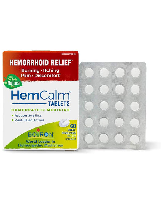 Boiron Hemcalm hemorrhoid Relief Tablets for Itchy Burning Pain, Swelling and discomfort, White, 60 Count - Nirvana Guru