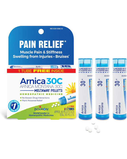 Boiron Arnica Montana 30C Homeopathic Medicine for Relief from Muscle Pain, Muscle Stiffness, Swelling from Injury, and Discoloration from Bruises - 3 Count (240 Pellets) - Nirvana Guru