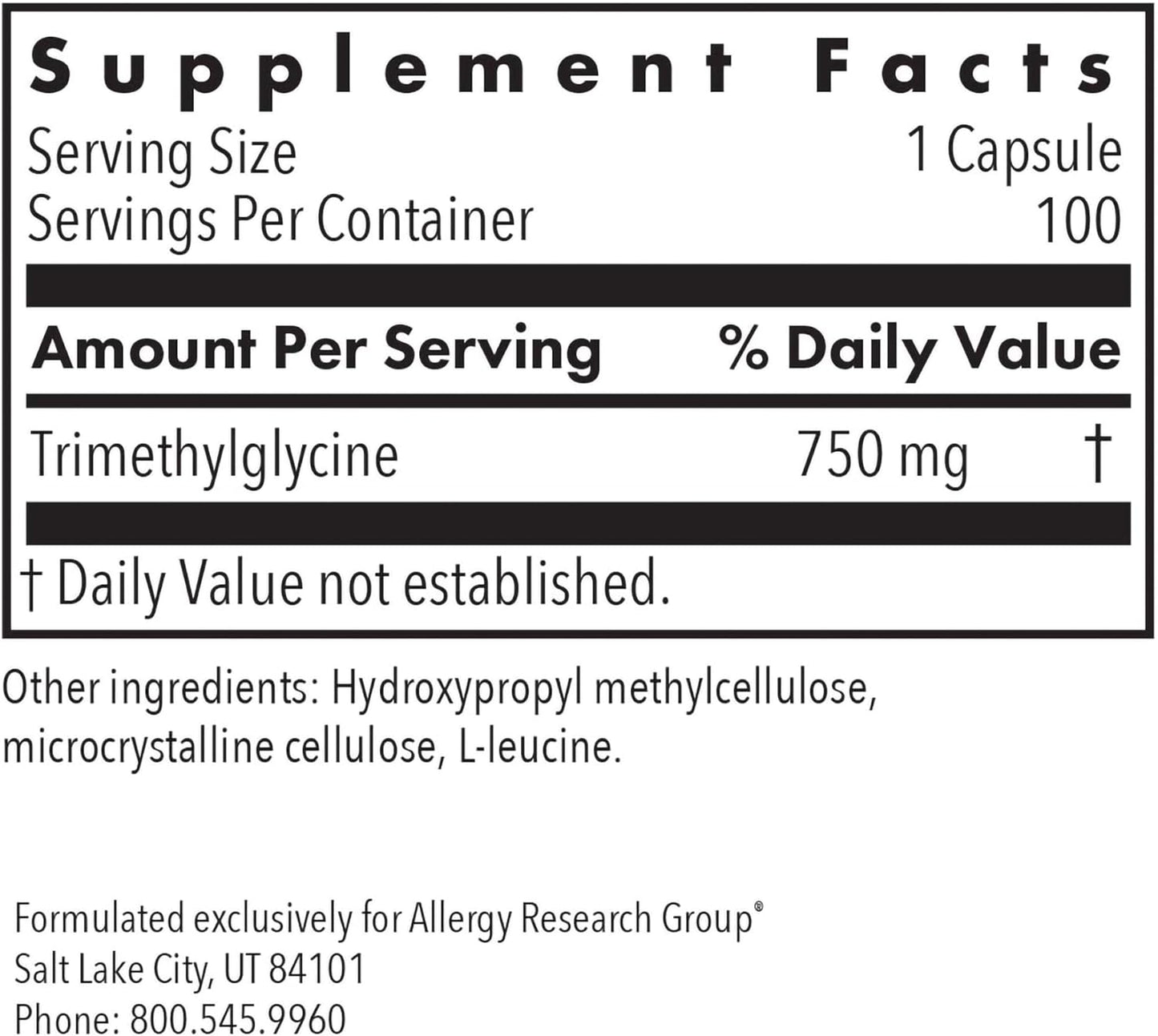 Allergy Research Group TMG Trimethylglycine 750mg Supplement - Betaine Anhydrous - Nirvana Guru