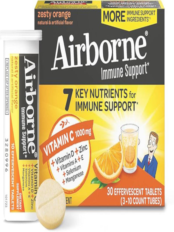 Airborne Vitamin C 1000mg (per Serving) - Zesty Effervescent Tablets, Gluten-Free Immune Support Supplement, Echinacea & Ginger, Orange, Citrus, 30 Count (Pack of 3) - Nirvana Guru